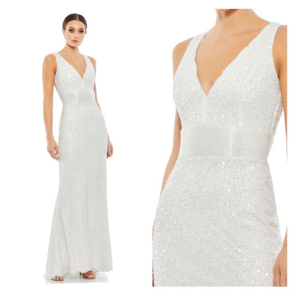 Mac Duggal White Sequin Sleeveless V Neck Column Gown Size 16 $338 4930 Wedding - Picture 1 of 16